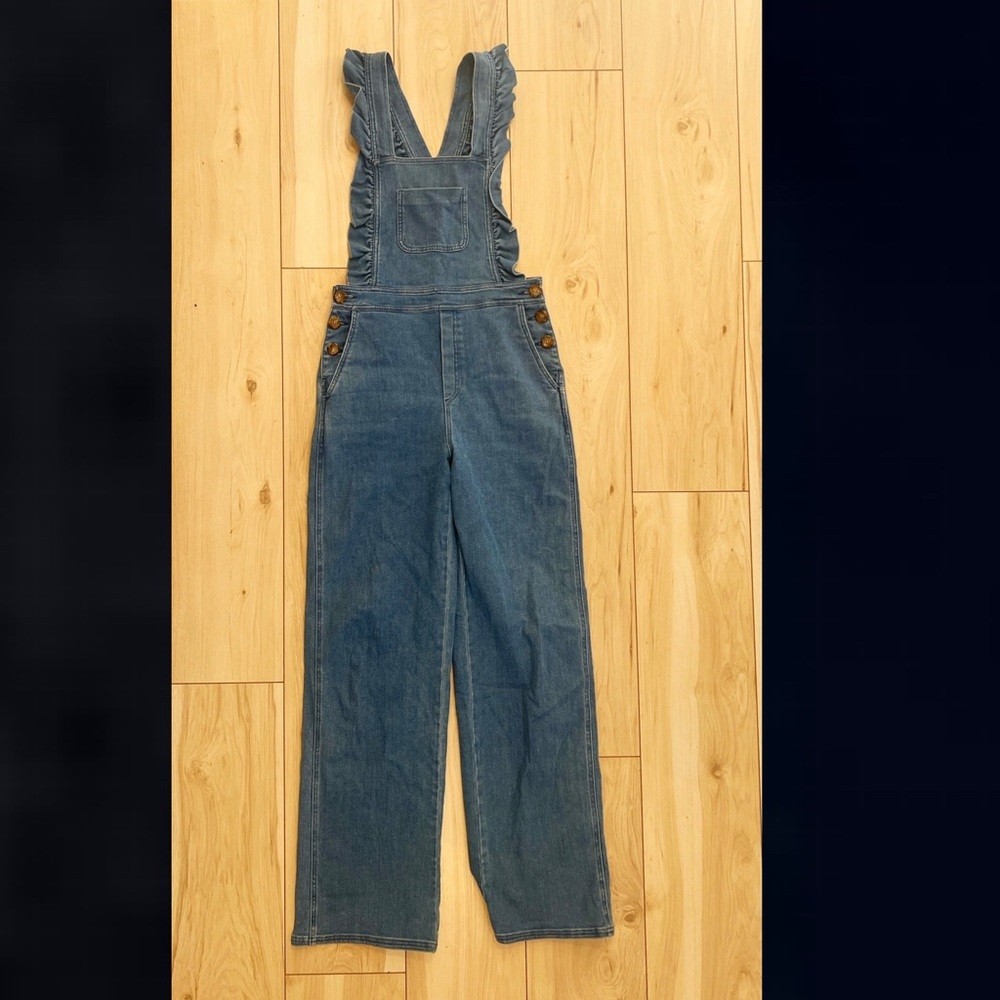 Sezane Rosario Denim Jean Overalls Ruffle Jumpsuit 38 - Picture 7 of 13